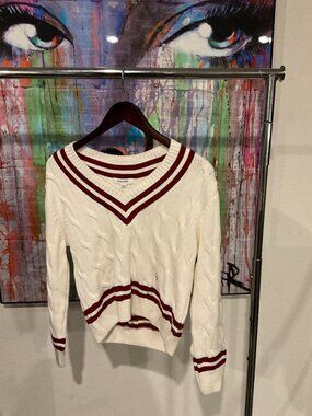 Sporty & Rich SRC Cableknit V Neck Sweater Cream Red Stripe NWT XS